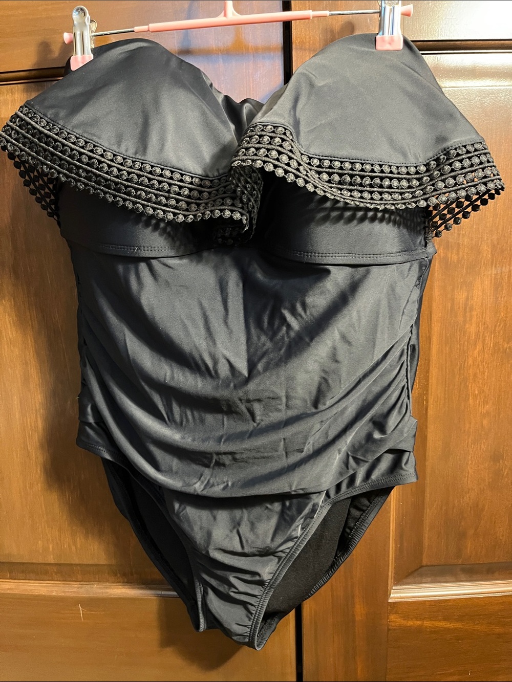 Kona Sol Black Off-Shoulder One-Piece Swimsuit with Pom Trim Flounce Size XL
